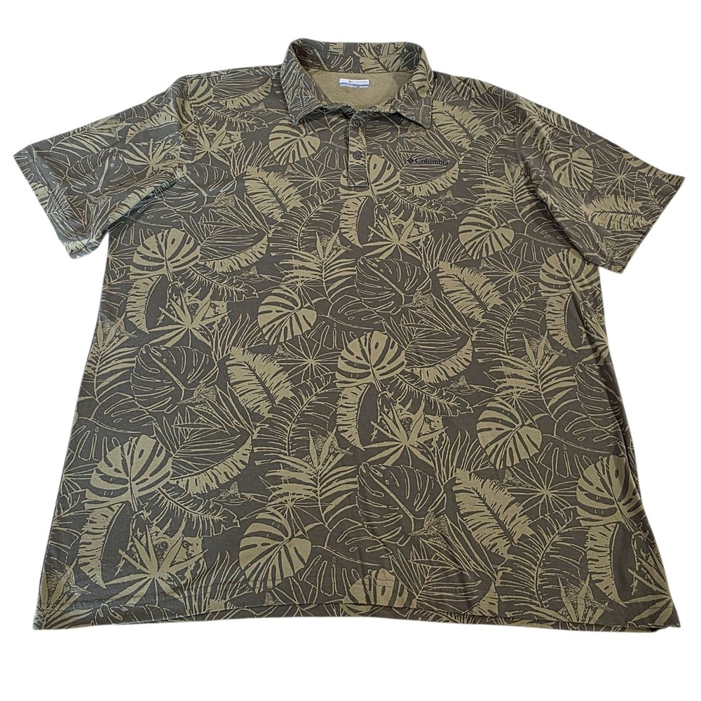 Columbia Tropical Print Mens Polo Shirt 2XLT Khaki Green Golf Outdoors Preppy‎